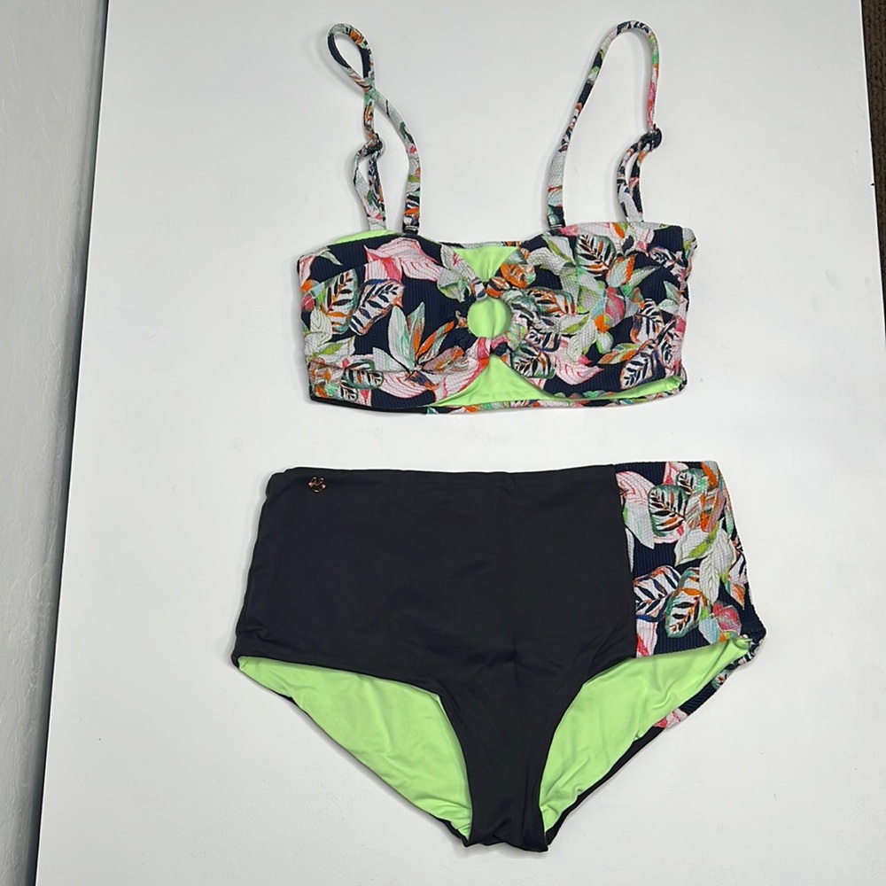 Maaji bandeau o ring bikini set tropical floral reversible gray neon green med